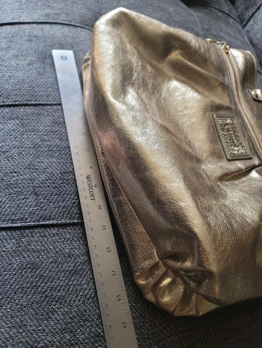 Coach Poppy Metallic Gold Leather Tote With Cursive Coach Charm